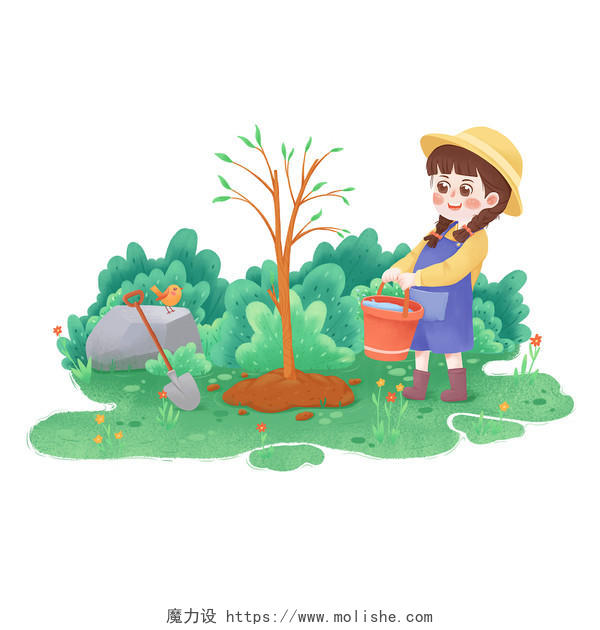 卡通人物312植树节绿色女孩草丛种树劳动元素